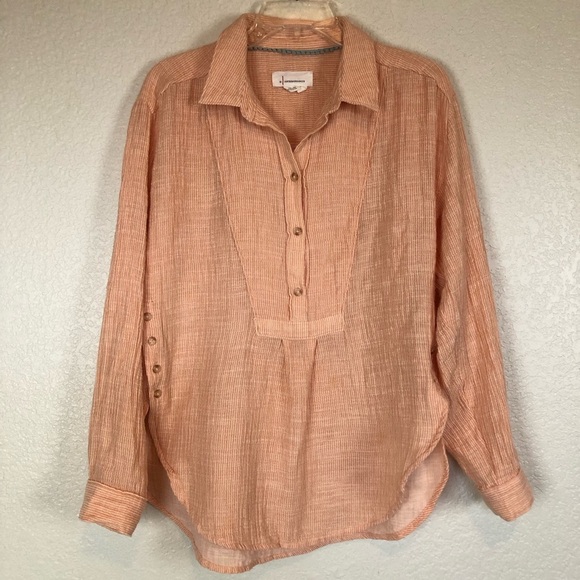 By Anthropologie Boho Gauzy Cotton V-Neck Side Button Popover Shirt Medium - Picture 4 of 14